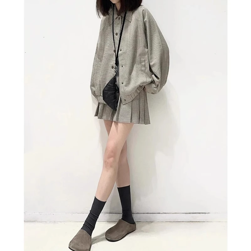 日系2025春复古千鸟格套装女时尚百搭宽松格纹夹克外套半裙两件套