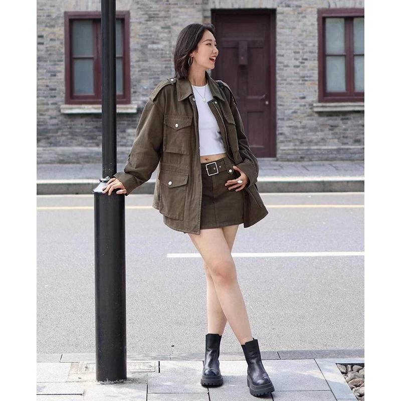 复古2024秋新款肯豆同款夹克套装女美式高级感工装外套短裙两件套