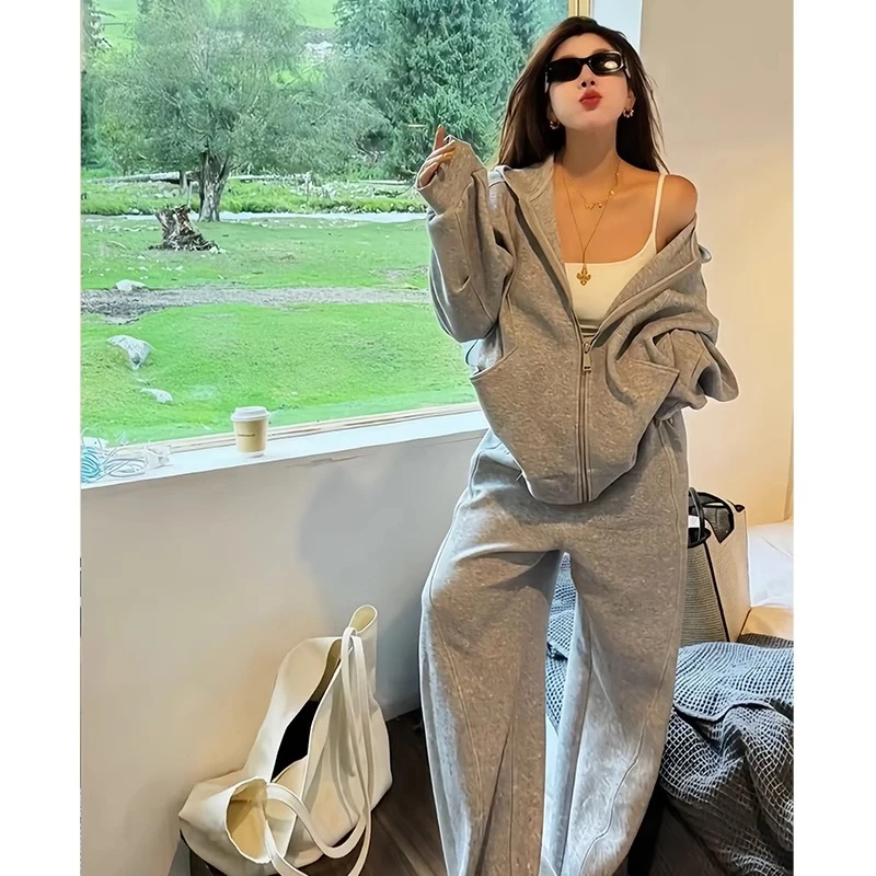 秋季辣妹美式运动套装女2024新款休闲慵懒连帽卫衣外套灰色两件套