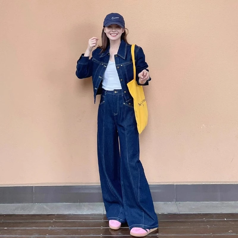 休闲复古牛仔套装女2025秋装新款高级感穿搭显瘦外套阔腿裤两件套