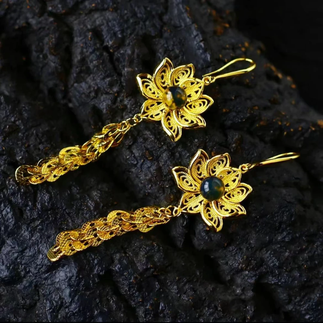 【高总】BM-S140#步步生莲5A净水蓝珀凤尾耳坠合金镶嵌