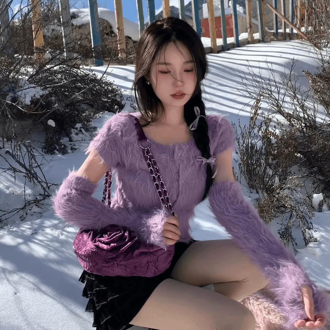 纯欲辣妹V领紫色袖套针织开衫女2023冬季慵懒感气质修身短款上衣