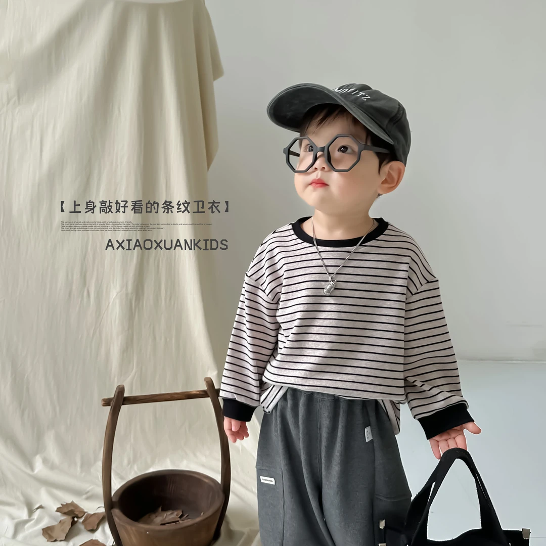 阿小轩【杏黑条】2023秋季新款男童宽松条纹长袖T恤圆领上衣打底衫