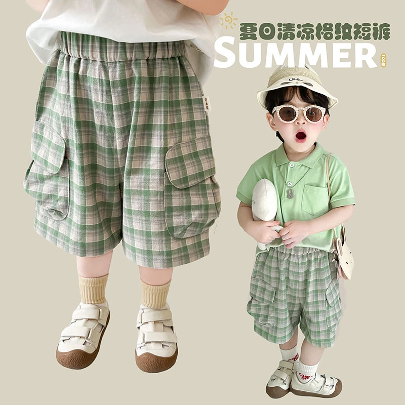 阿小轩【绿格】新款儿童夏日清凉款格子五分裤男童洋气百搭休闲短裤
