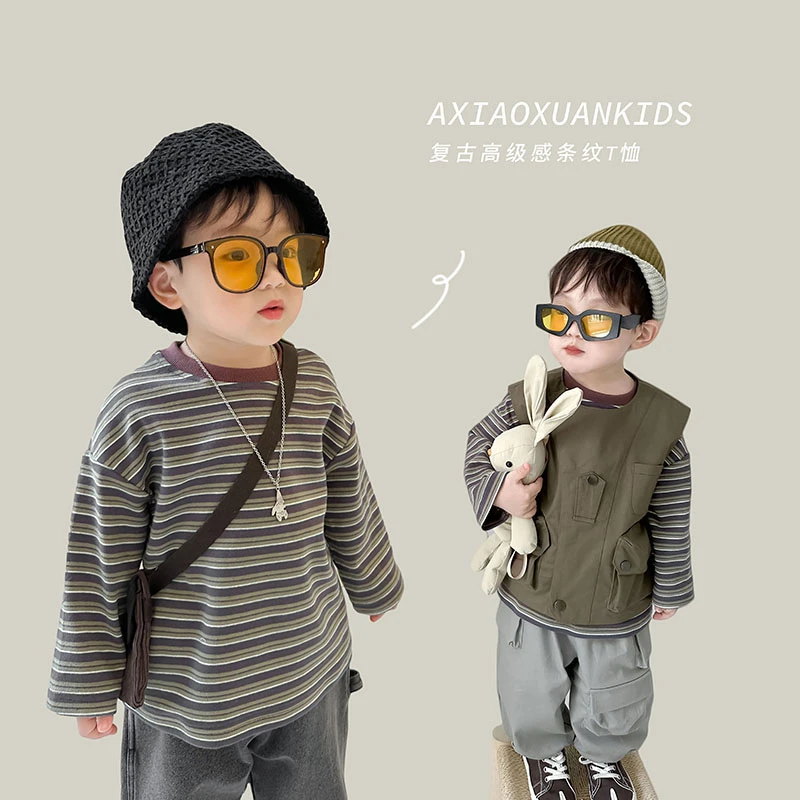 阿小轩【咖绿条】2023秋季新款男童宽松复古条纹长袖T儿童百搭上衣