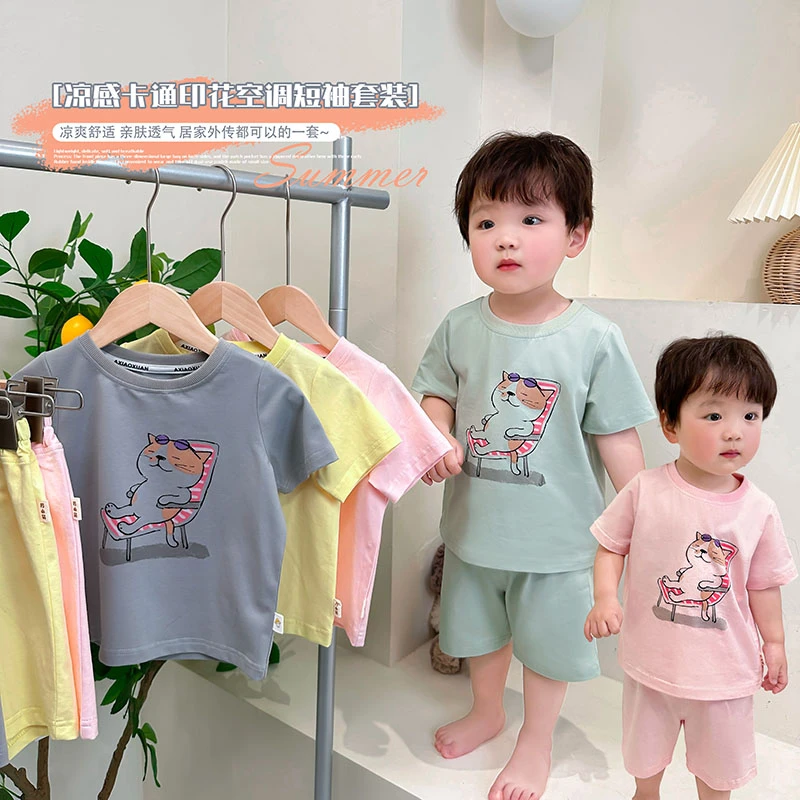 阿小轩2025夏装新款男薄猫咪家居服套装儿童短袖短裤睡衣睡裤