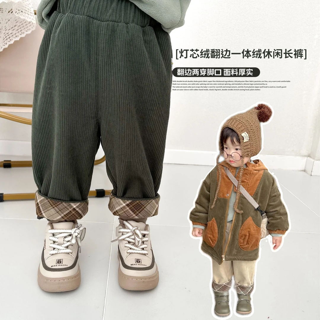 冬装新款男童宽松休闲裤儿童直筒宝宝裤一体绒加绒保暖长裤潮飒
