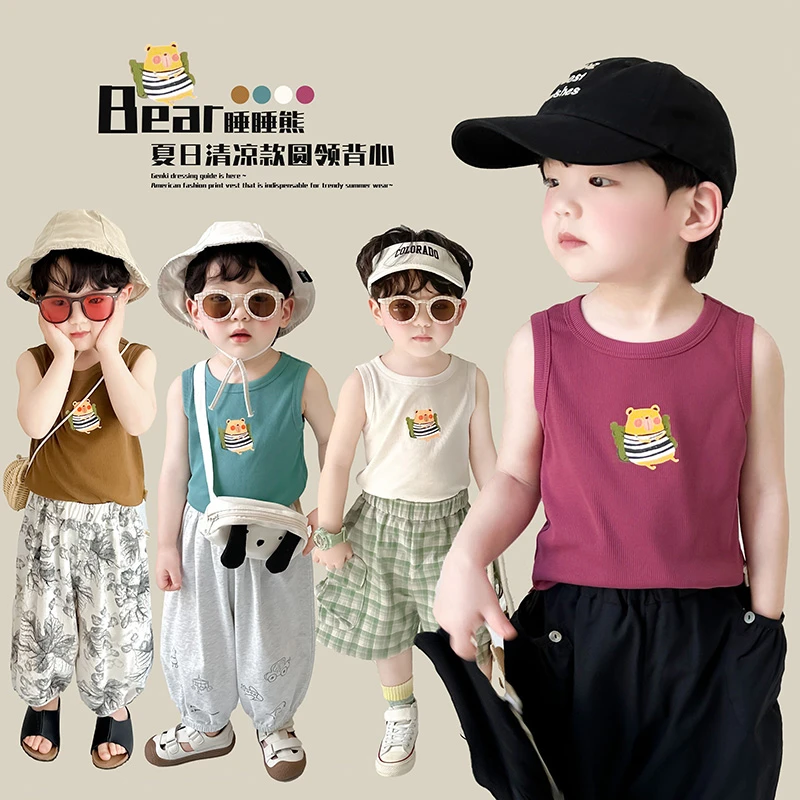 阿小轩【背心熊】2025夏季竹节棉男童印花打底衫儿童清凉背心