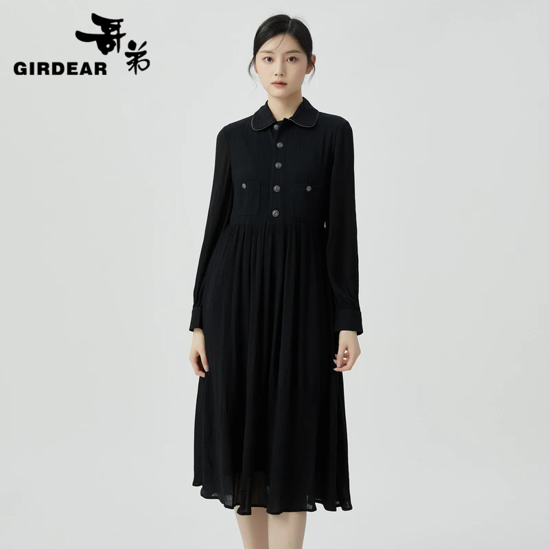 GIRDEAR/哥弟长袖气质小香风拼接设计复古衬衫连衣裙1500463