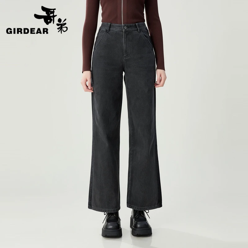 GIRDEAR/哥弟哥弟新款时尚气质设计感拼色直筒牛仔裤1100496