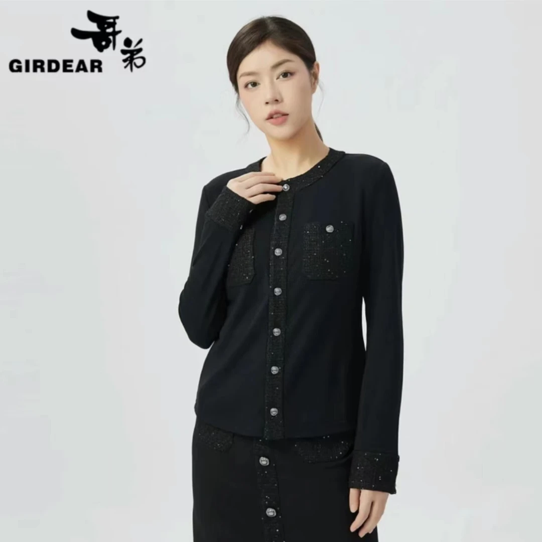 GIRDEAR/哥弟新款通勤百搭圆领精致小香风粗花呢纯色衬衫1300932
