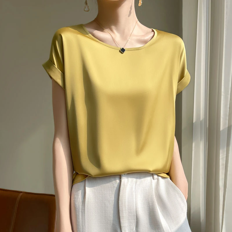 高端设计感简约气质醋酸缎面短袖T恤女圆领宽松落肩百搭显瘦上衣