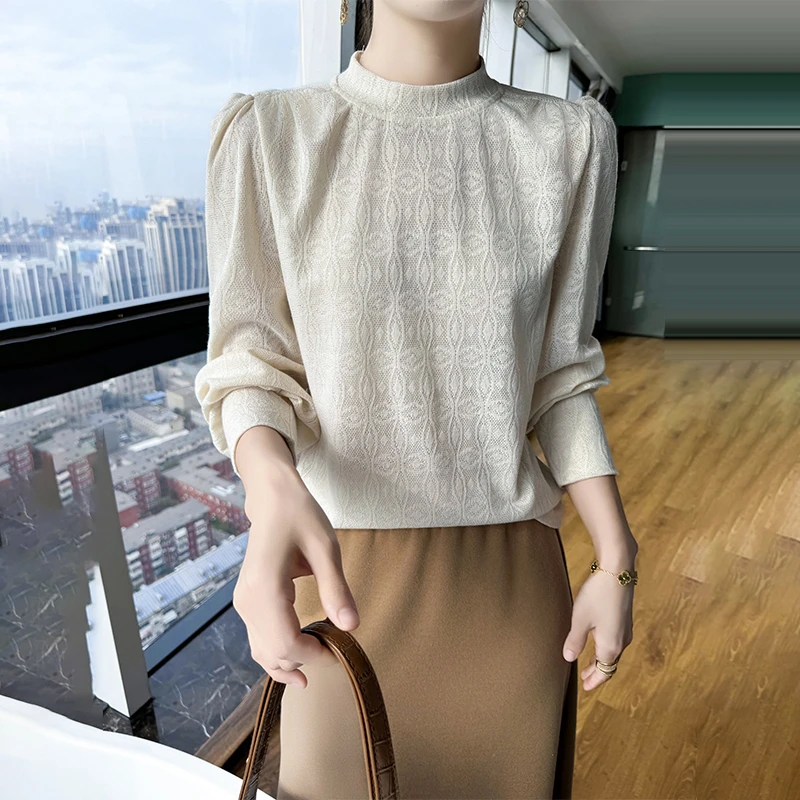 精纺重磅钩花镂空半高领针织打底衫2025春季内搭外穿时尚打底上衣