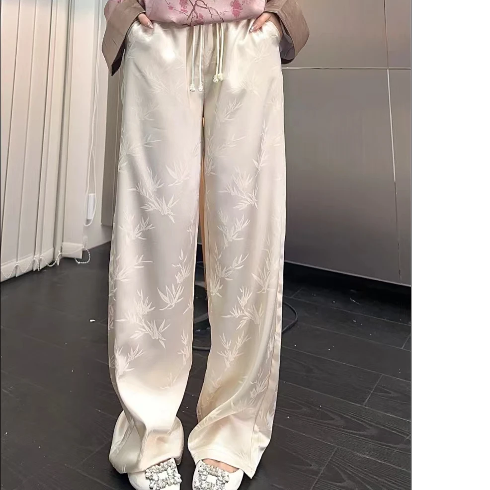 新中式国风缎面阔腿裤女2024春季新款高腰宽松提花直筒抽绳休闲裤