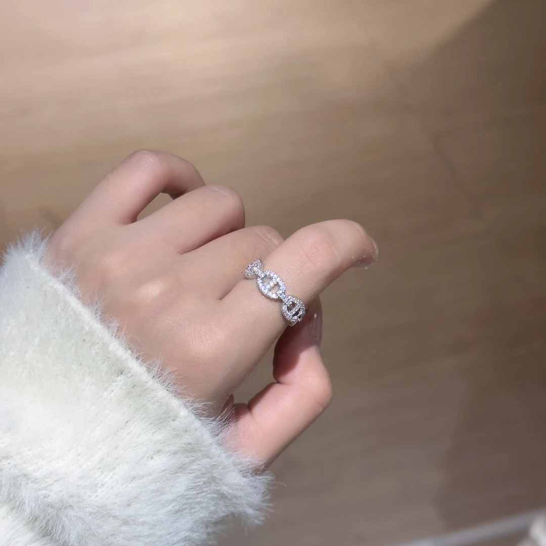 铜合金合成锆石戒指 可调节戒指猪鼻子戒指小众设计时尚简约3019