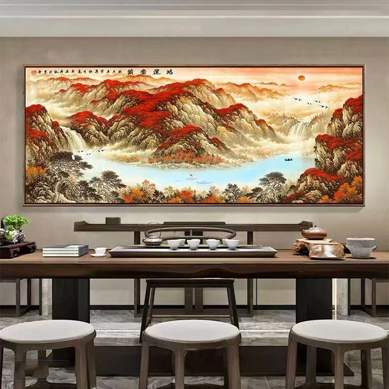 鸿运当头客厅沙发装饰画山水新中式高级感大气高档瓷画挂画装饰画