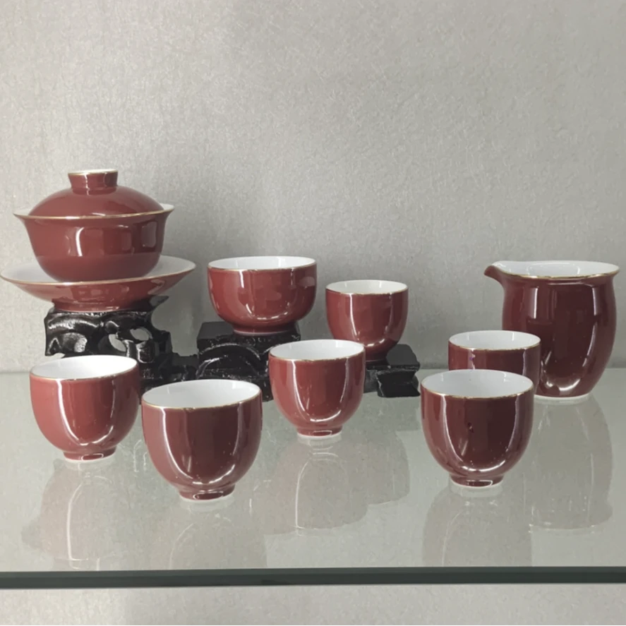 千年博大9头玛瑙红金边陶瓷茶具套装1y