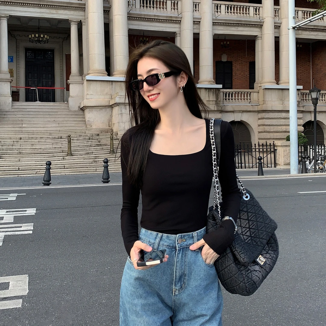 内搭方领显瘦长袖小众设计感性感辣妹百搭修身秋冬韩版高档t恤女