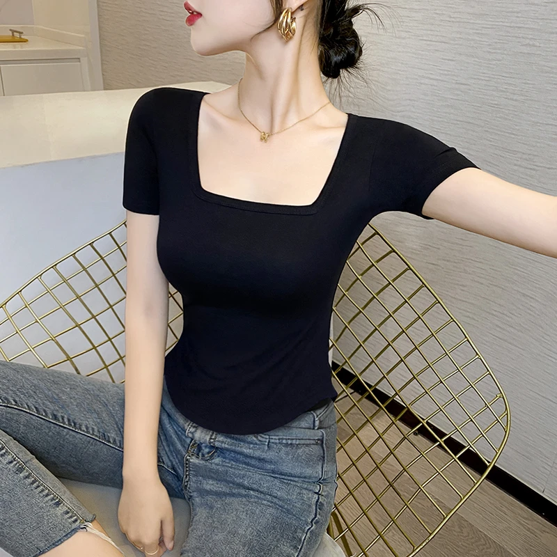 黑色不规则短袖正肩t恤女夏设计感小众纯欲修身短款辣妹低领上衣