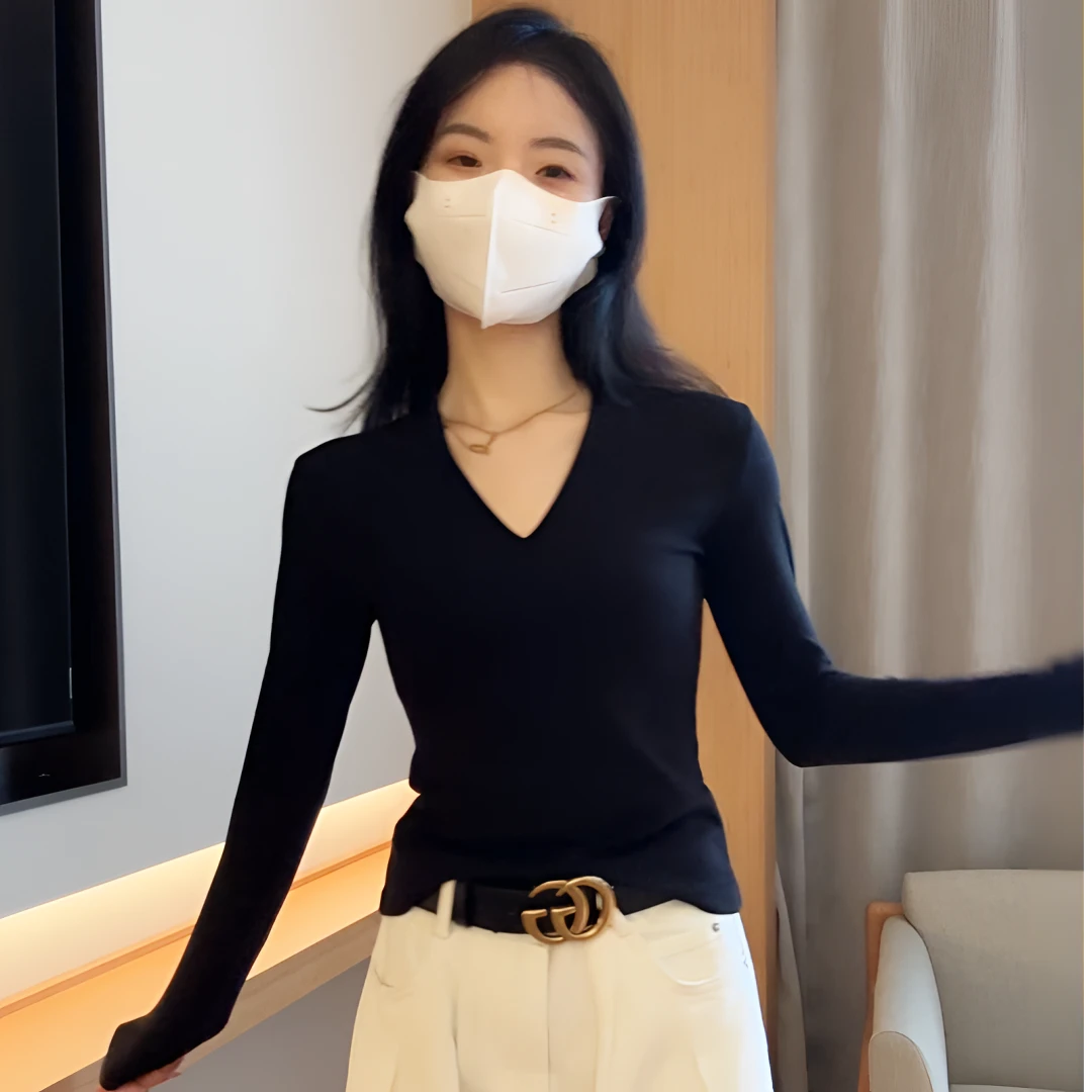 黑色V领长袖打底衫t恤女内搭春秋2024新款法式洋气设计感紧身上衣