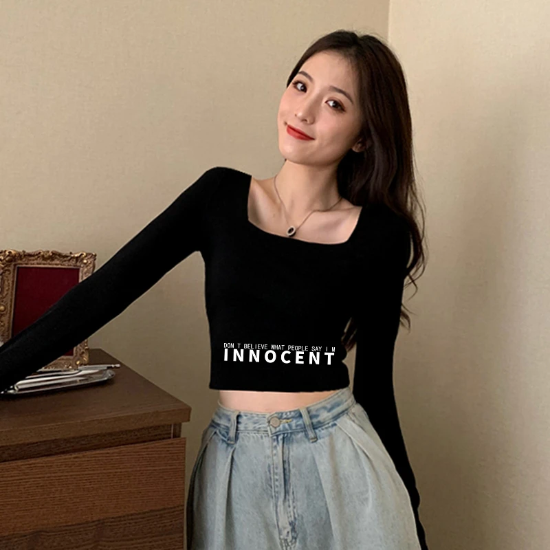 棉质短款打底衫女黑色棉方领修身显瘦2022年长袖高腰露脐新款上衣