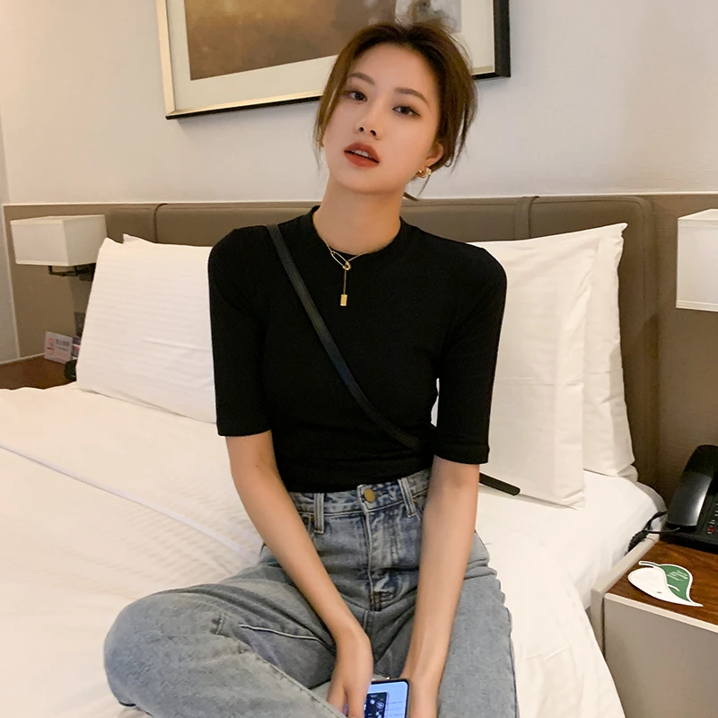 纯棉半高领中袖t恤女新款中领紧身修身短袖上衣五分袖半袖打底衫