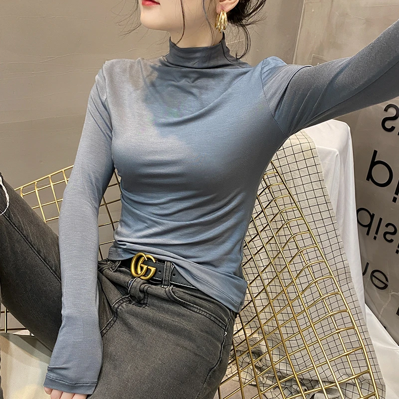 莫代尔打底衫女长袖t半高领春秋冬2022新款黑色内搭洋气紧身上衣