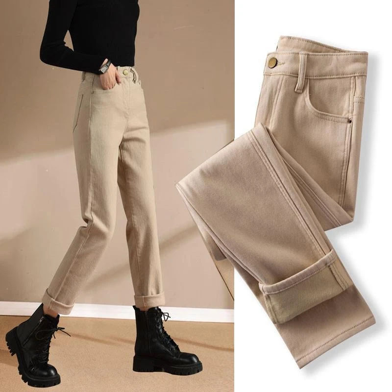 卡其色直筒牛仔裤女2025冬季加绒高腰显瘦加厚修身休闲法棍烟管裤