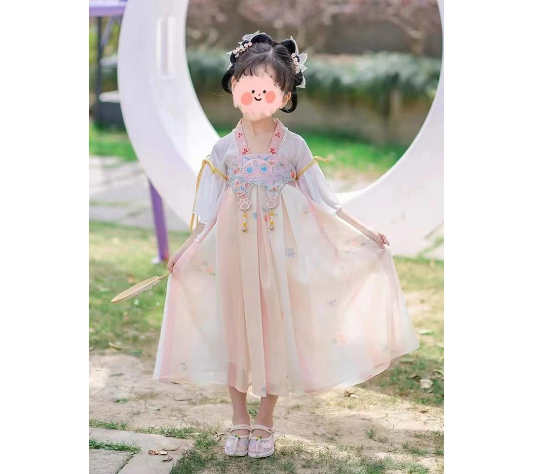 绾绾家~叮当猫 2024儿童汉服裙短袖夏款连衣裙小童薄款超仙襦裙