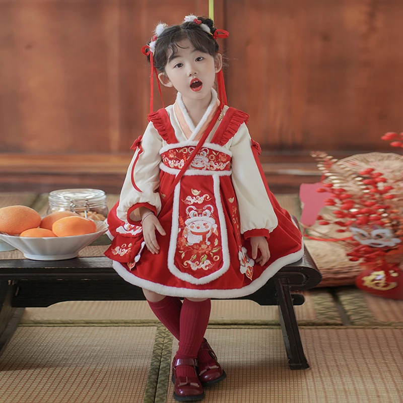 绾绾家~迎喜 女童汉服冬季新款拜年服过年红色加厚加绒新年裙套装