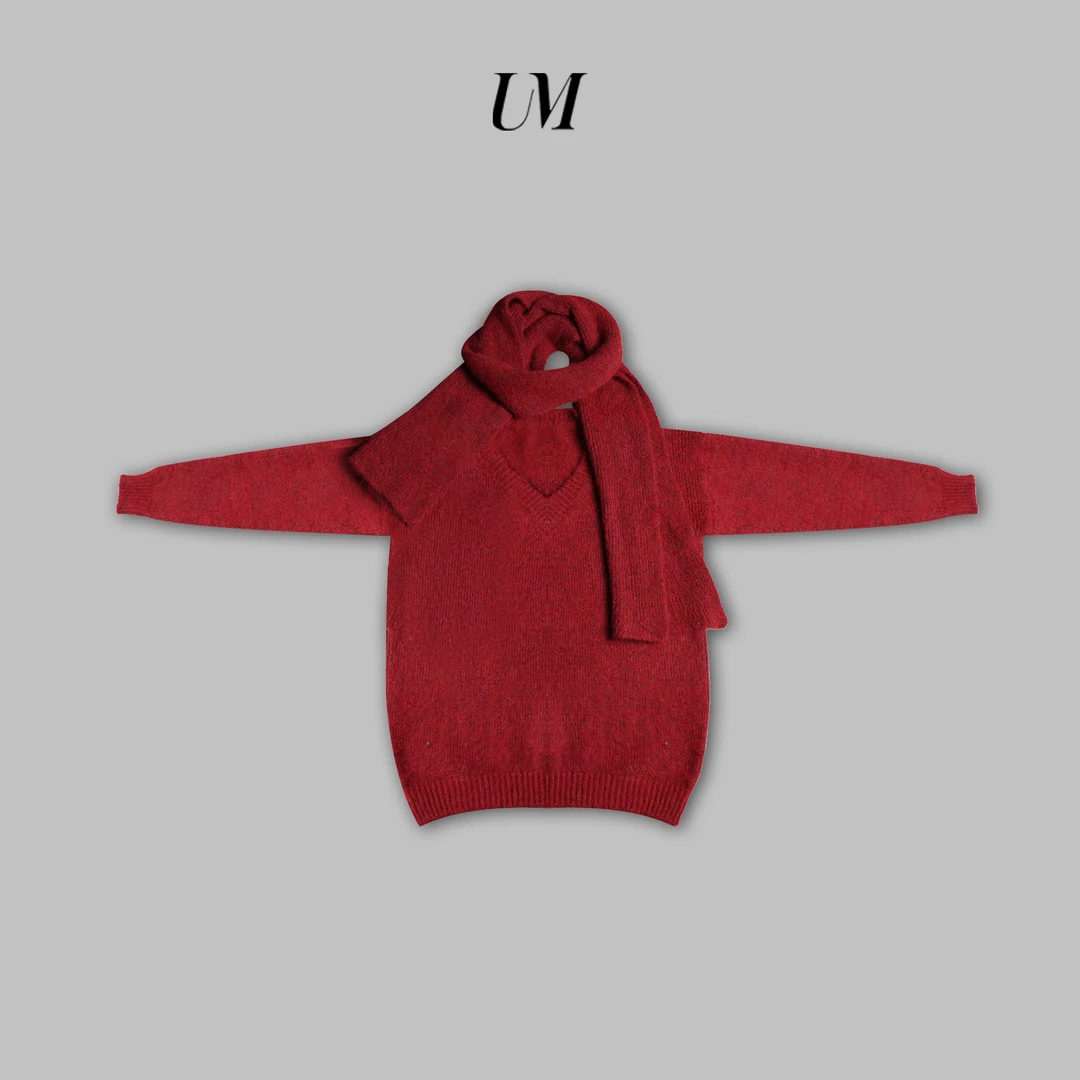 【U.M】氛围感复古针织宽松v领围巾毛衣（赠围巾）