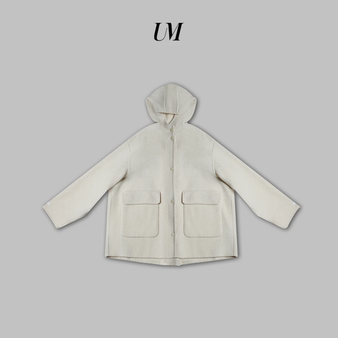 【U.M】法式温柔设计感连帽毛混大衣外套