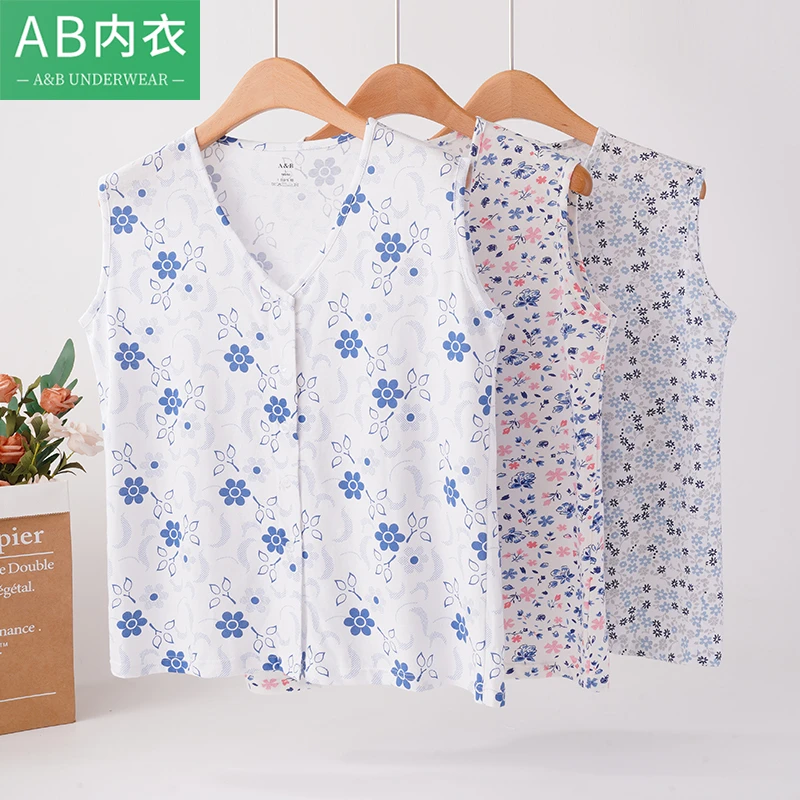 AB内衣女士夏季纯棉薄款开衫印花背心中老年全棉大码宽松睡衣S724