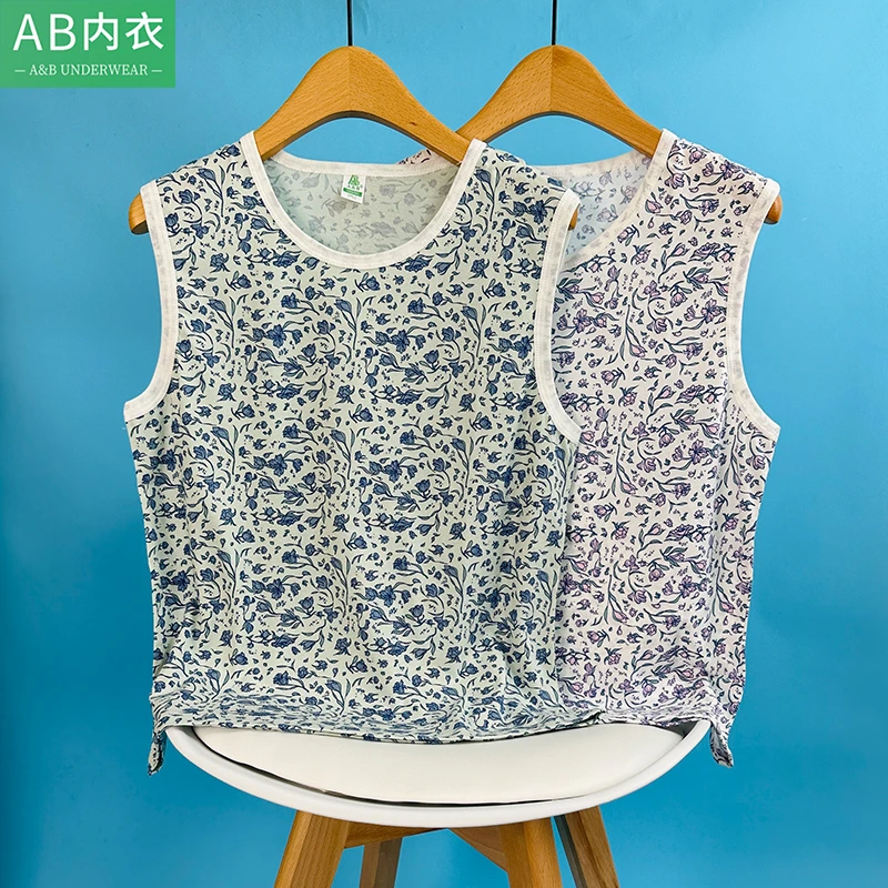 AB女士纯棉背心夏季妈妈中老年睡衣全棉宽松大码透气印花家居上衣