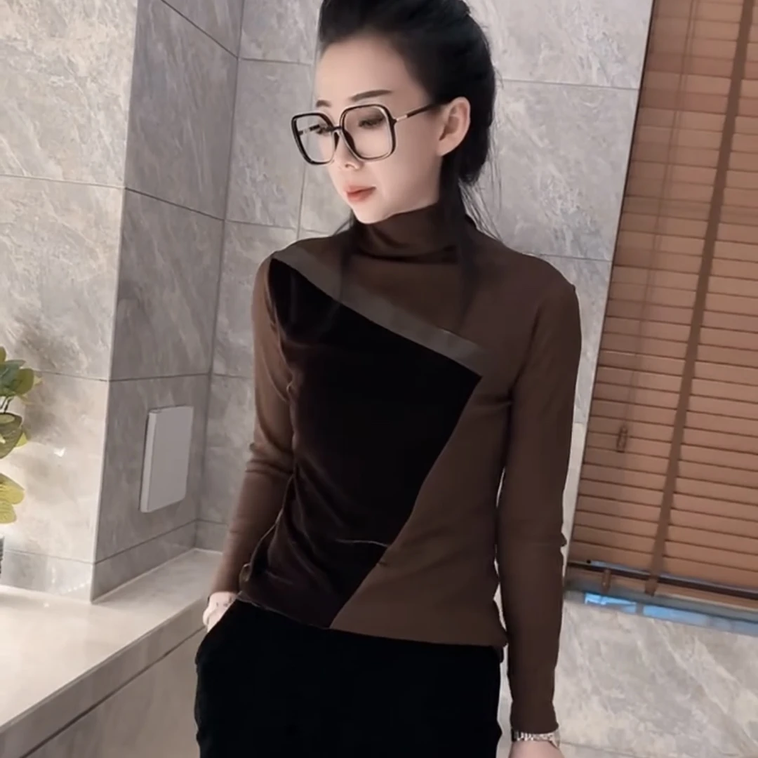 新款时尚百搭半高领丝绒拼接设计弹力修身显瘦打底衫