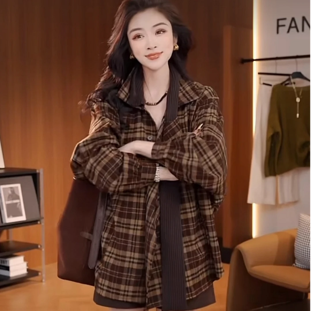 外套衬衫女气质休闲外穿格子衫长袖上衣秋季复古网红宽松慵懒衬衣