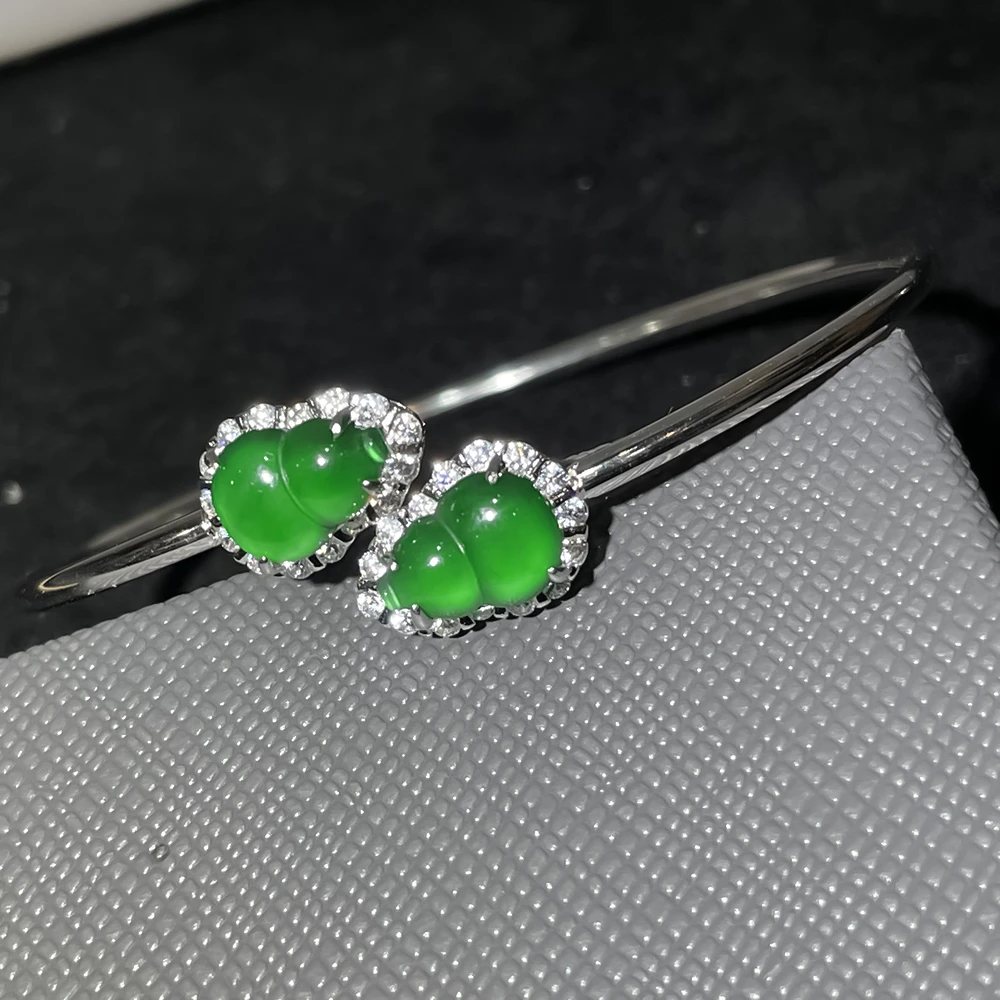 天然A货翡翠高冰冰阳绿葫芦女款简约绿色手镯925银镶满绿时尚手饰