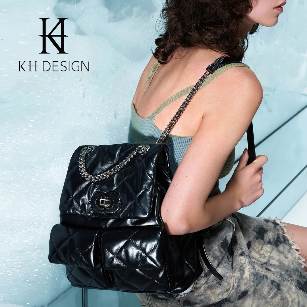 明治女包商场同款大容量经典小香风菱格休闲牛皮双肩包KB2424