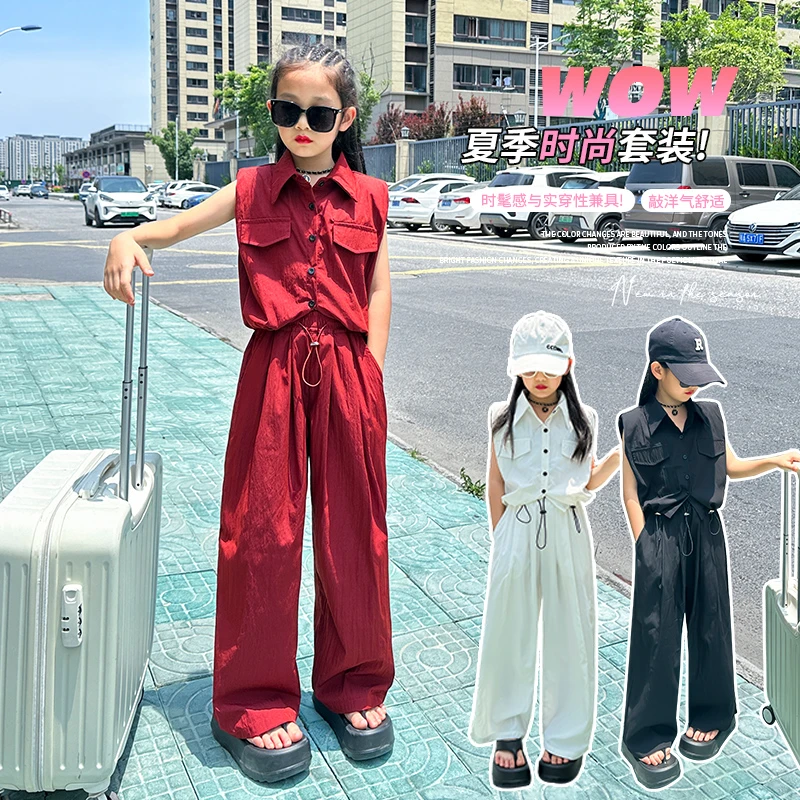 女童夏季潮酷休闲清爽透气时髦轻薄无袖工装衬衫阔腿山本裤套装