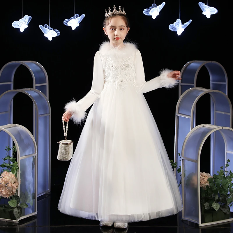 礼服女童花童婚礼小女孩公主裙加绒儿童高端主持人钢琴演奏演出服