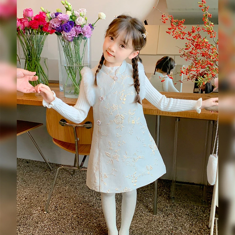 女童汉服2023年新秋冬款儿童加绒连衣裙中式小女孩中国风童装旗袍