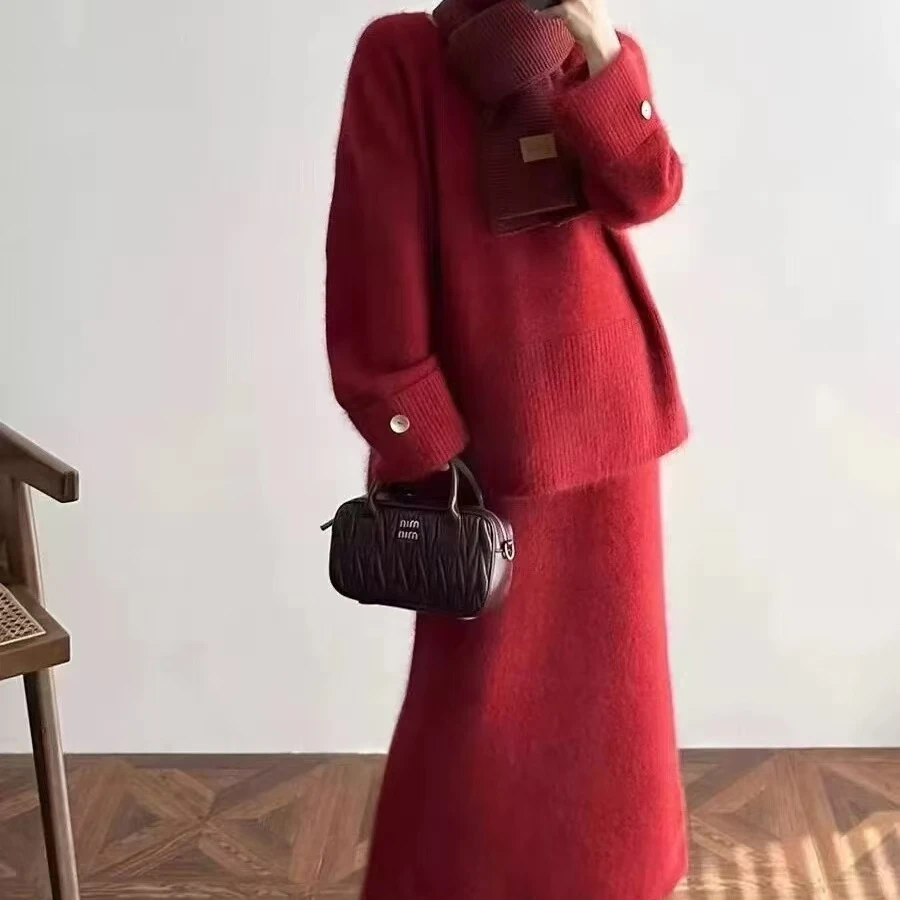 温柔风针织毛衣两件套秋冬慵懒风圆领套头上衣女高腰半身长裙