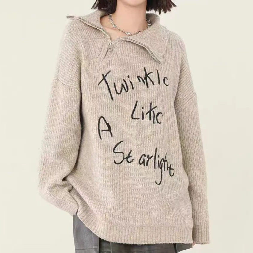 Polo领拉链刺绣字母毛衣女秋冬季今年流行新款美式慵懒宽松针织衫