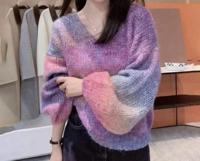 法式慵懒风撞色针织毛衣女装秋季渐变色漂亮别致小衫宽松长袖上衣