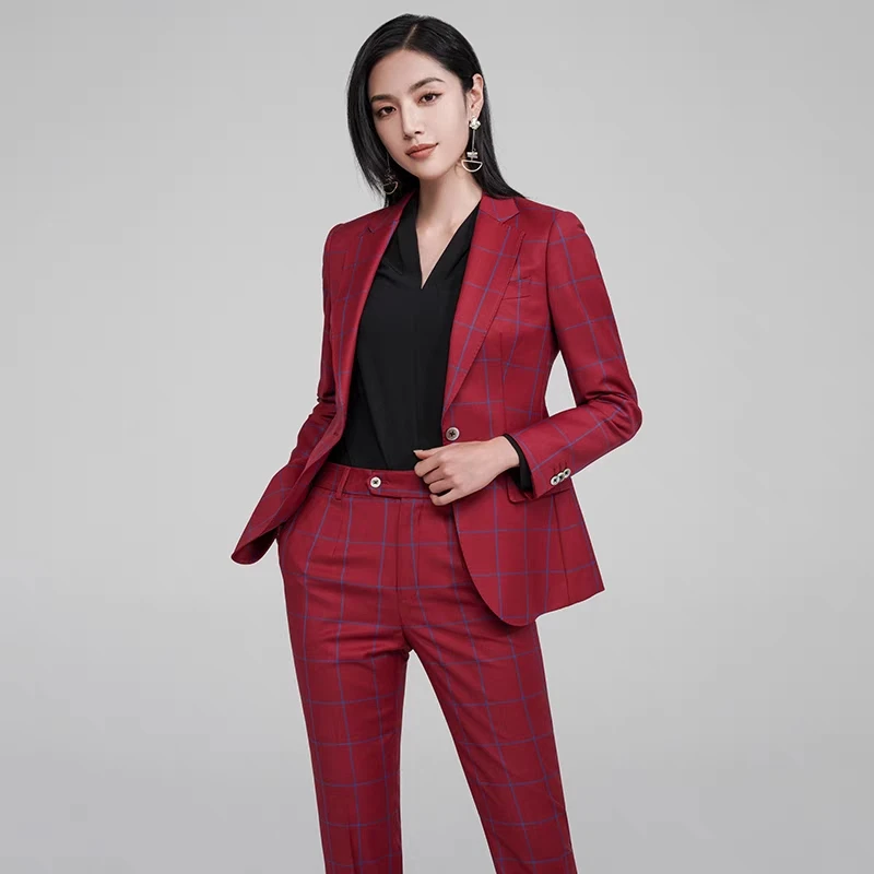 【白衣哥】酒红色格子女西服套装洋气显瘦气质修身小脚裤
