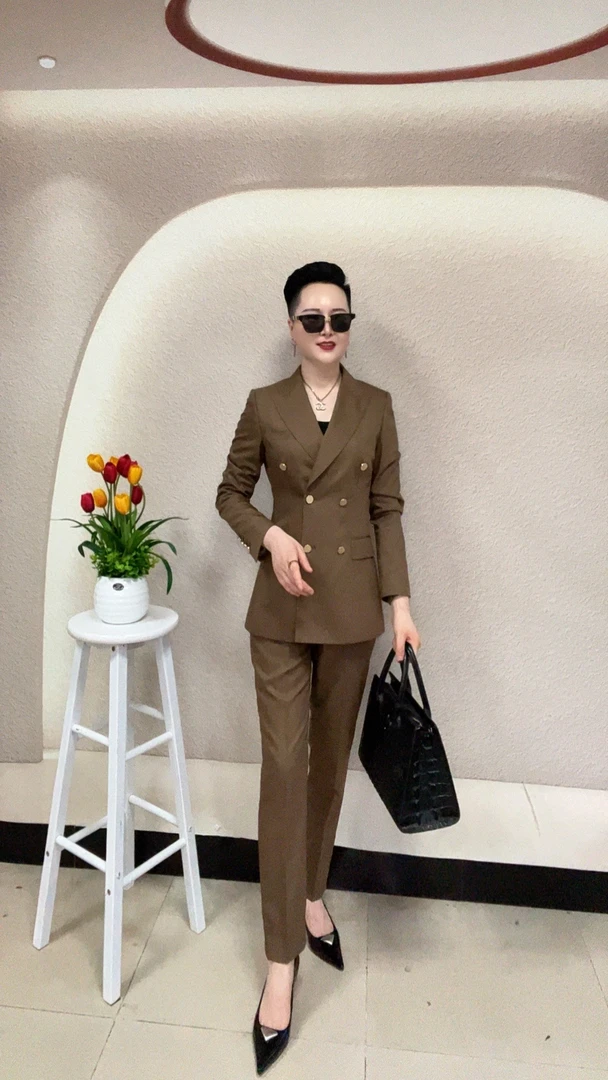 【白衣哥】美式复古咖色西装套装毛料双排扣小脚裤