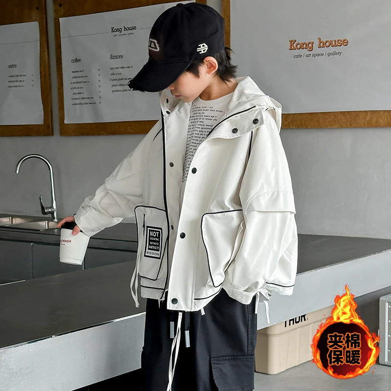 【2024秋冬款】男童夹棉外套中大儿童加厚工装连帽上衣男孩秋冬装潮