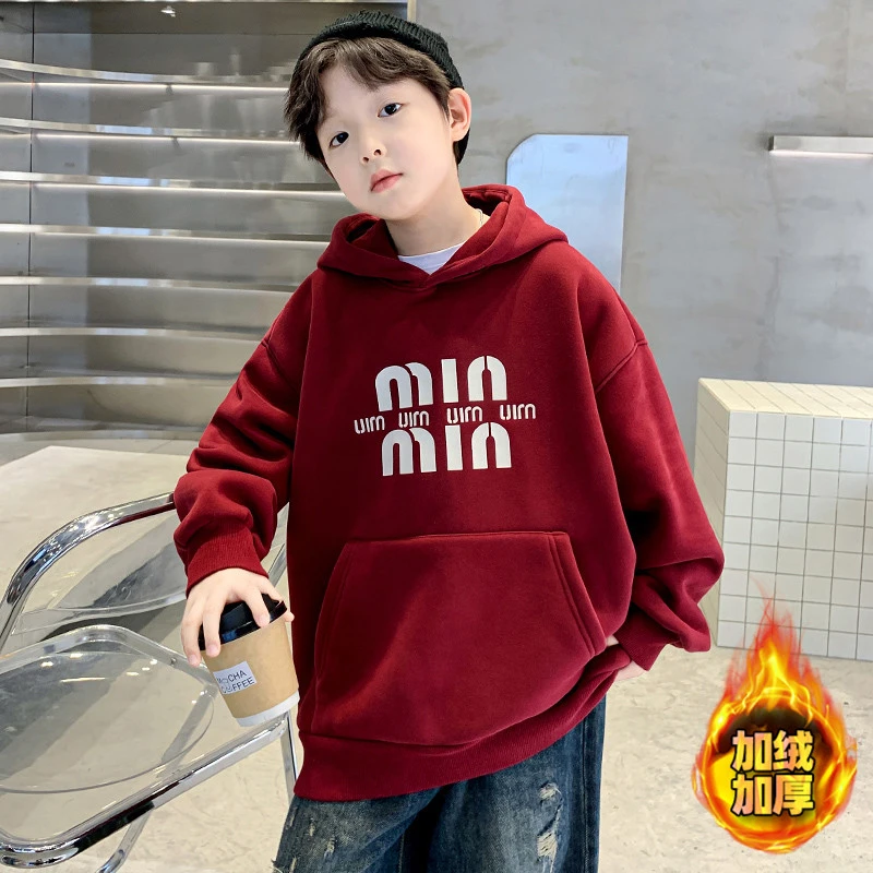 【2024秋冬款上新】男童加绒卫衣中大儿童保暖红色上衣男孩秋冬装潮
