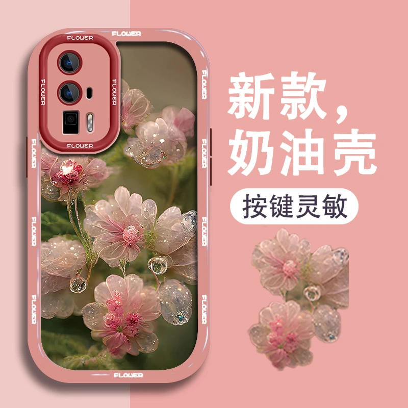 适用红米k60手机壳淡色粉花奶油硅胶软壳镜头全包防摔保护套