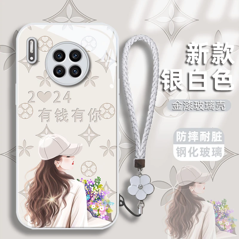 适用华为mate30pro手机壳有钱有你捧花防刮金漆玻璃壳镜头保护套